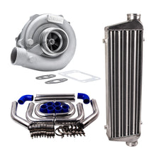 Load image into Gallery viewer, T3 / T4 T04E Turbo / Turbocharger universel 0,63 A / R avec refroidisseur intermédiaire et kits de tuyaux de tuyauterie