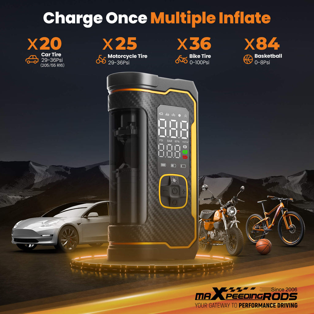 maXpeedingrods Tire Inflator Portable Air Compressor 150PSI Cordless Car Tire Air Pump with Digital Dual Displays, LED Light, Auto Shut-Off, Memory Function, Air Pump for Car, Bike, Motorcycle, Ball