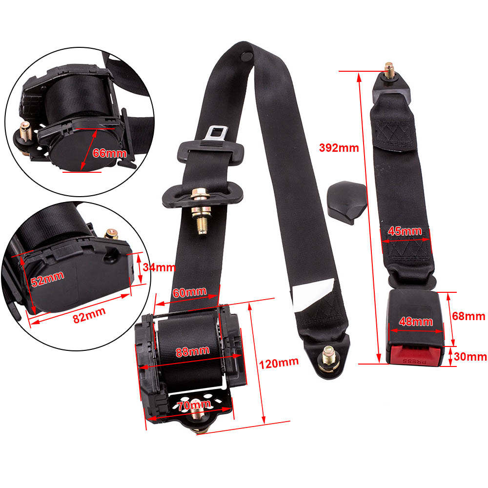 Universal 3 Point Inertia Seats Belt Kit Car Truck Adjustable Safety Belts black