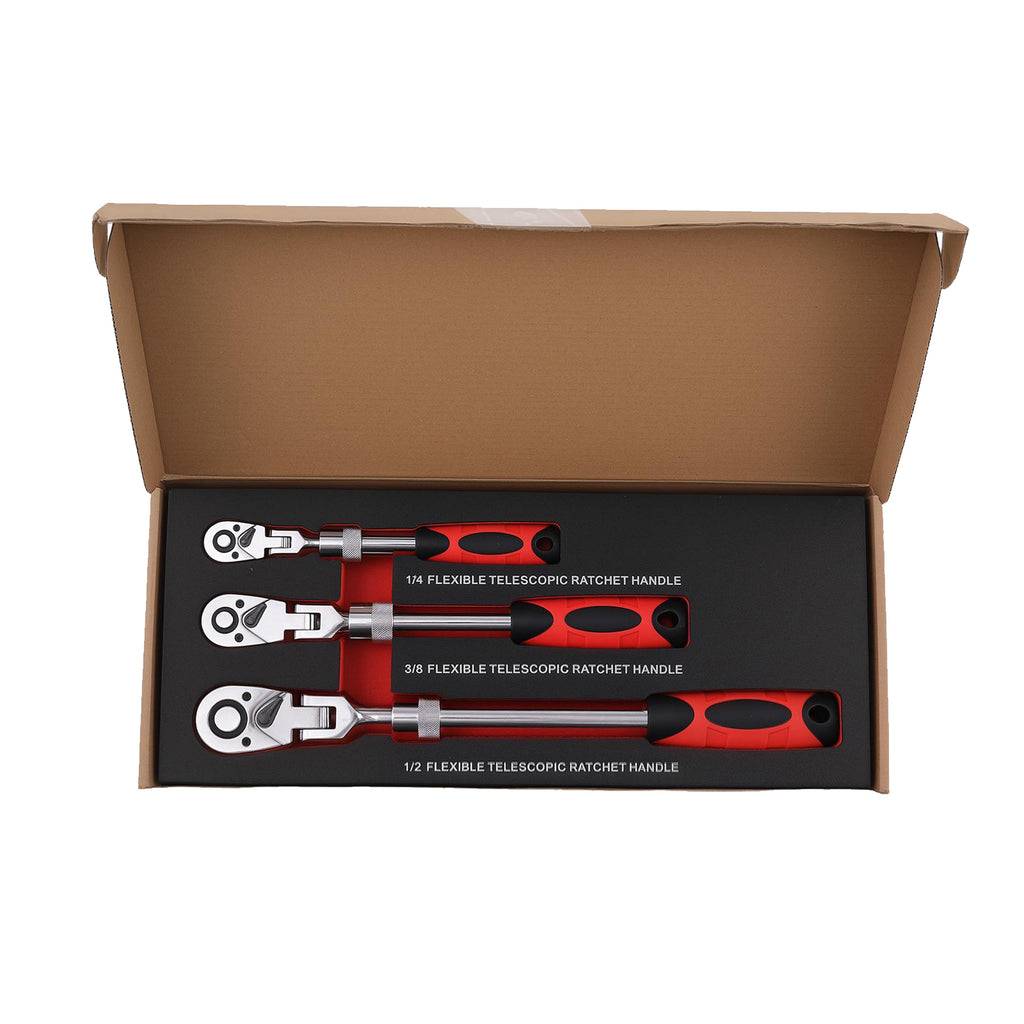 3PCS 72-Tooth Set 1/4 3/8 1/2 Drive Telescoping Ratchet with Chrome Steel
