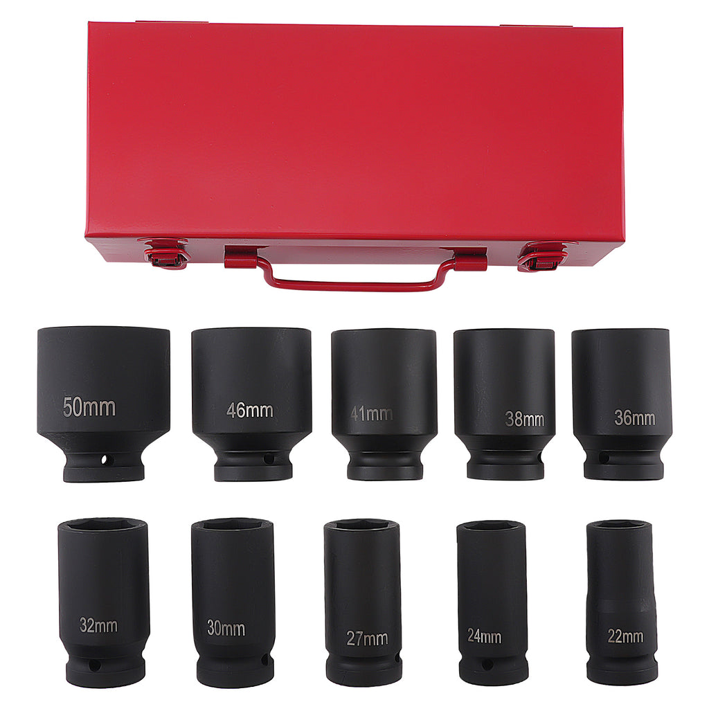 10pc 3/4in Drive Impact Socket 22-50mm 6-Point Metric CR-V Car Repair Tool