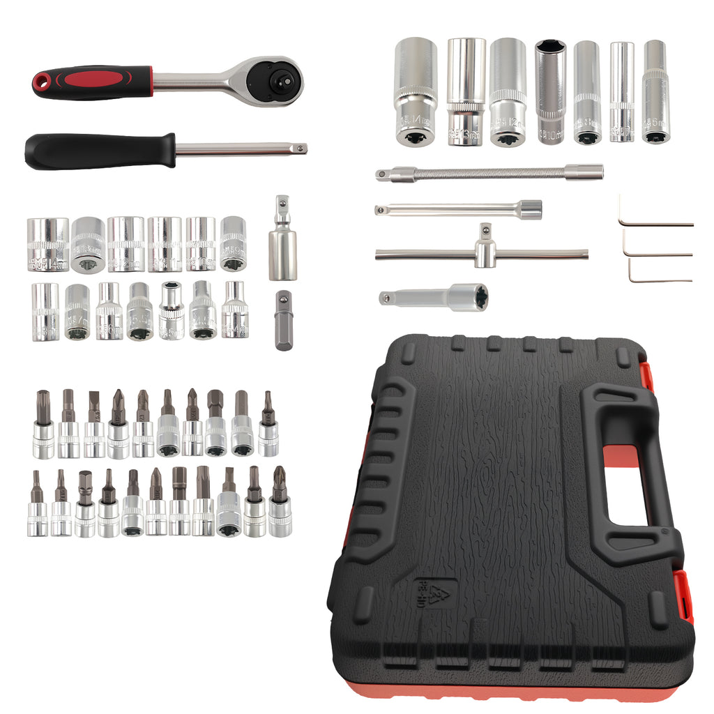 Set 53 Tools 1/4" DR Sockets 4-14mm Bits Ratchet Extension Case