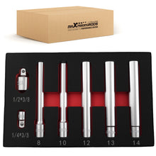 Load image into Gallery viewer, 3/8 Dr Deep Long Socket Set 8-14mm 120mm CR-V 6 Point 5pc w/2 Adaptors