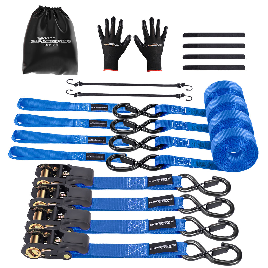 4xRatchet Straps Truck 997kg 4.5m S-Hook Blue S-Hook met Safety Clip