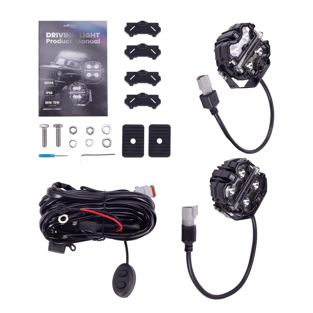 LED pod lights set 3.5 inch square black 160W RGB DRL amber/white 270 degree IP68 12V Crosshair for off-road