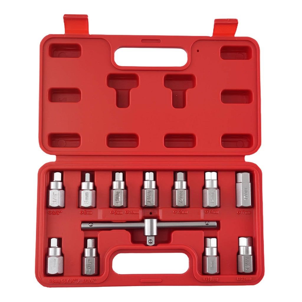 Drain Plug Socket Set 3/8 with Hex T-Bar 8-17mm 12 pieces