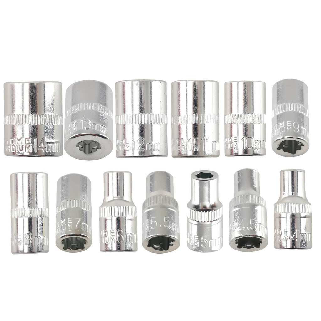 Set 53 Tools 1/4" DR Sockets 4-14mm Bits Ratchet Extension Case