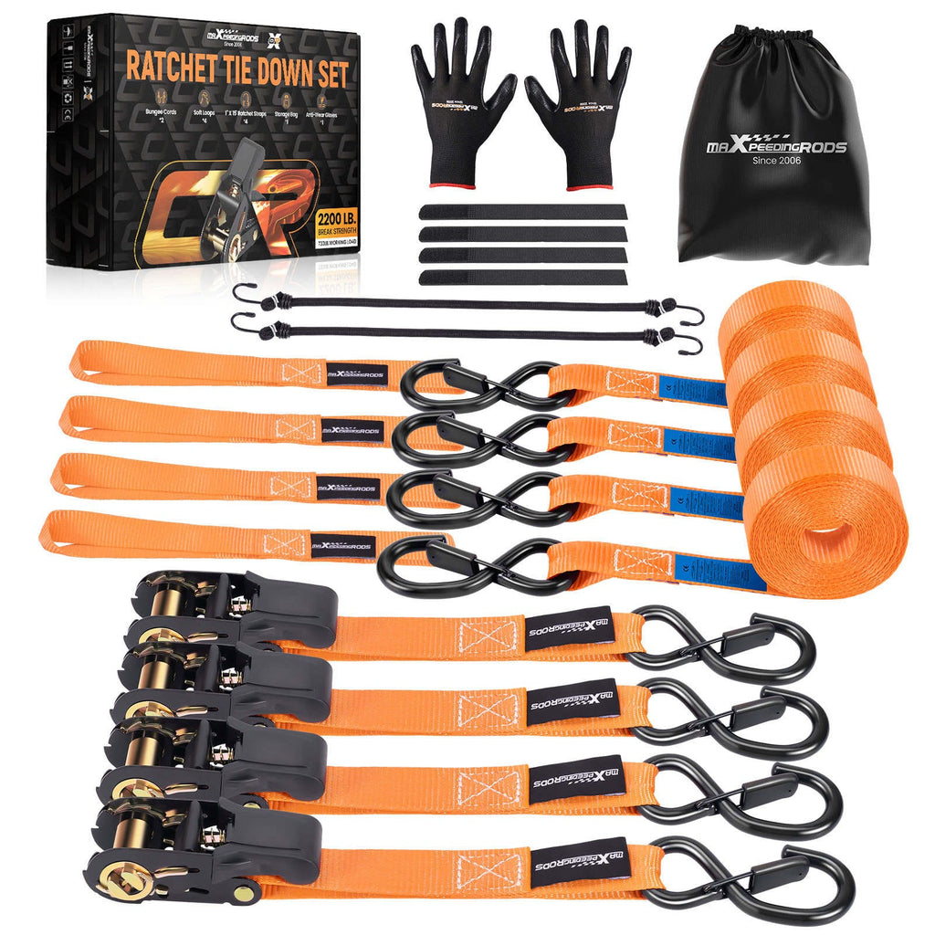 4x Ratchet Tie Down Straps with Hooks Lorry Lashing Straps 997kg 4.5m Orange