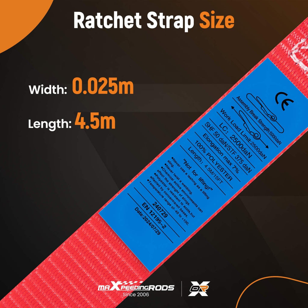 4x Ratchet Straps with Hooks Lashing Straps Tie Down Strap Truck 997kg 4.5m Red