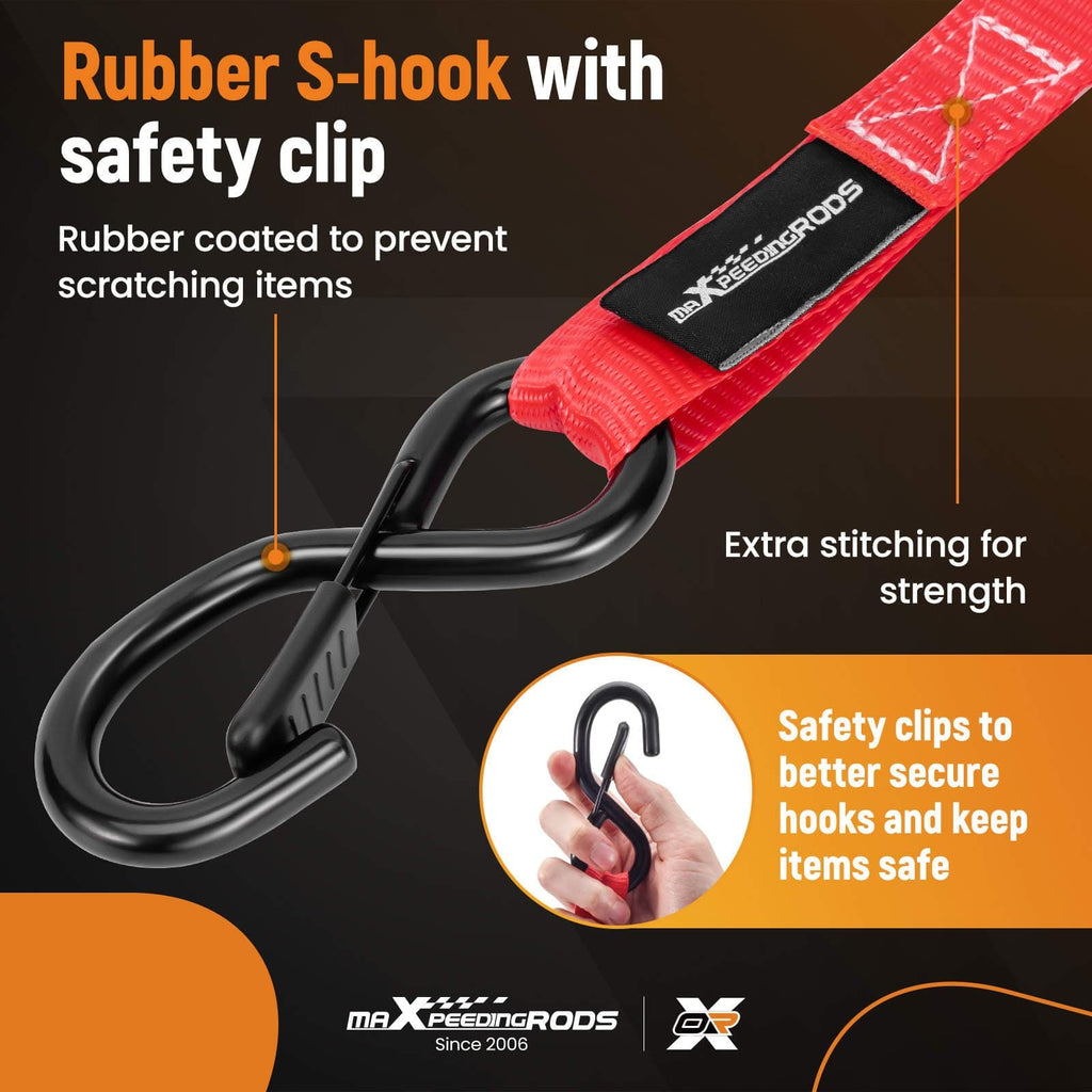 4x Ratchet Straps with Hooks Lashing Straps Tie Down Strap Truck 997kg 4.5m Red