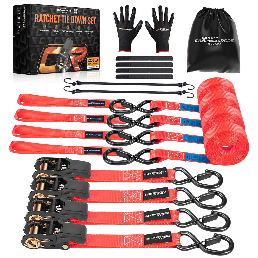 4x Ratchet Straps with Hooks Lashing Straps Tie Down Strap Truck 997kg 4.5m Red