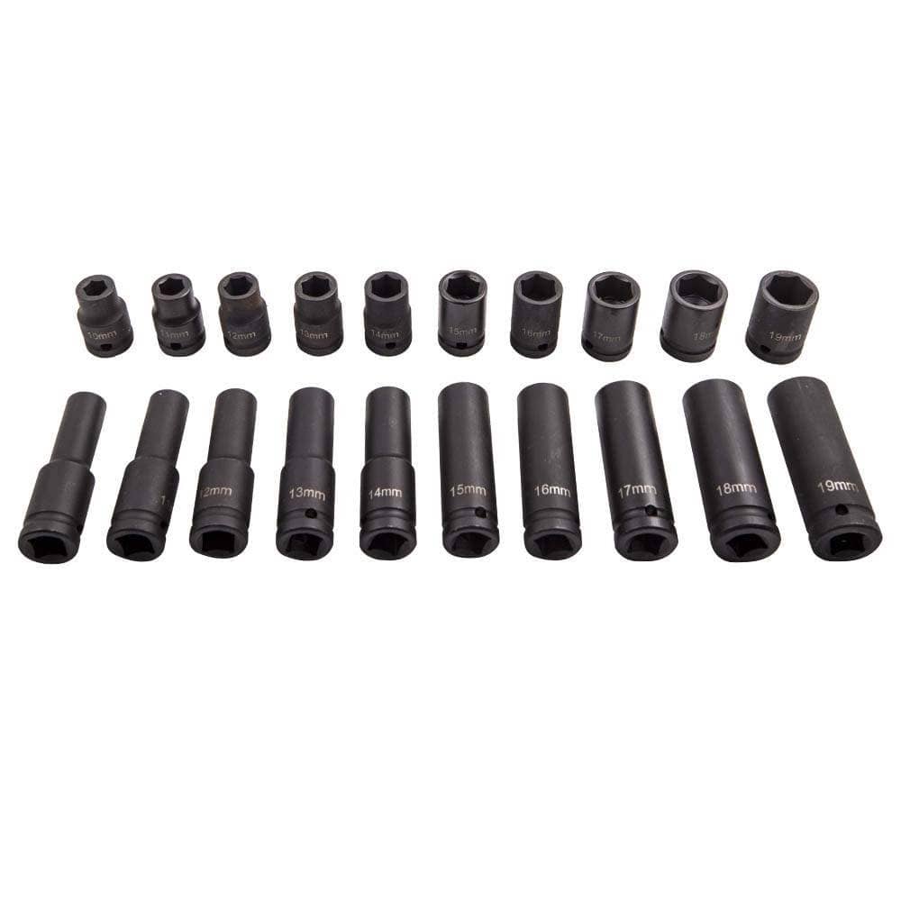 1/2-inch Drive Deep Impact Socket Set, 20-Piece, Long Reach Wheel Nut Wrench Tool, 10-19mm