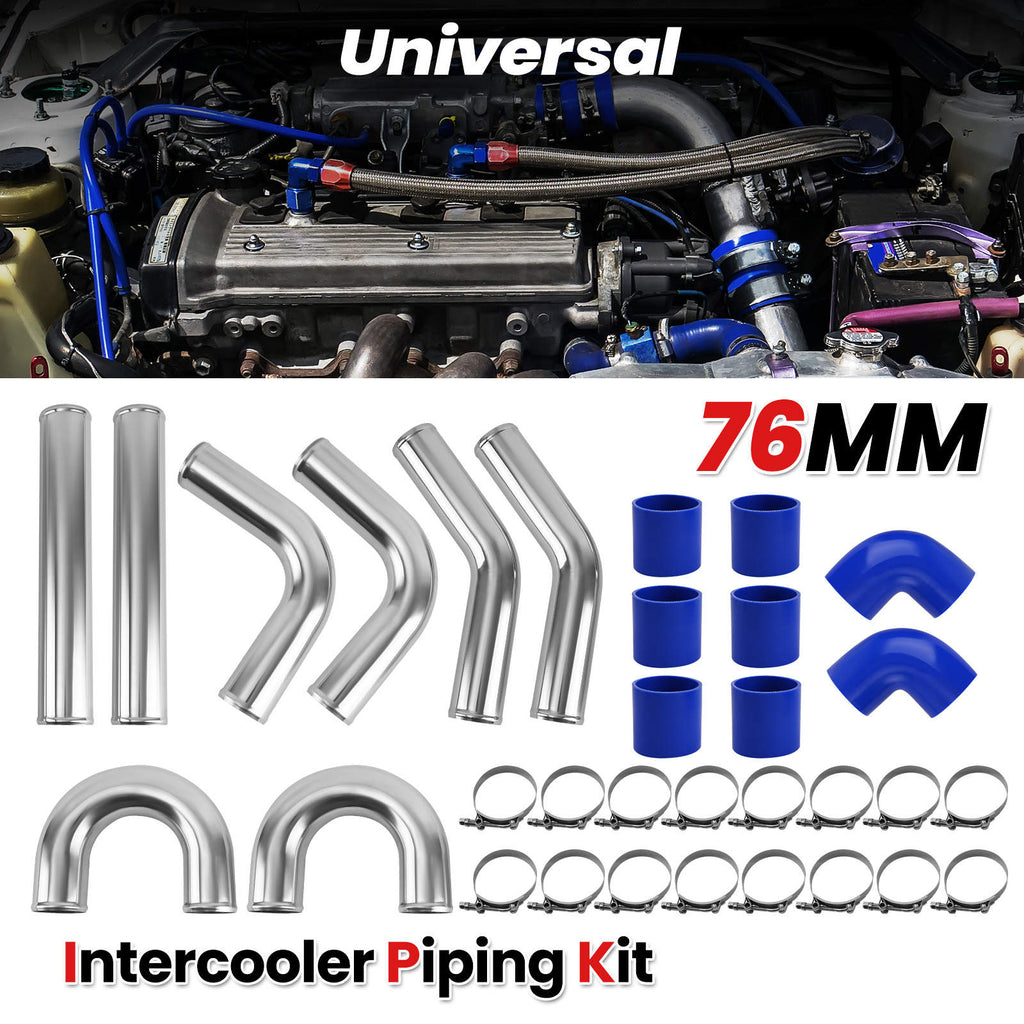 3 76mm Aluminum Universal Intercooler Turbo Piping Pipe and Blue hose and T-Clamp