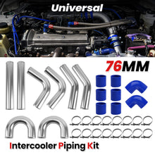 Load image into Gallery viewer, 3 76mm Aluminum Universal Intercooler Turbo Piping Pipe and Blue hose and T-Clamp