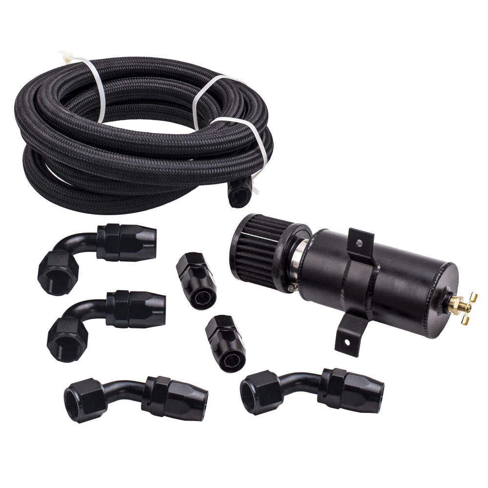 Aluminium Baffled Engine Oil Catch Can 0.75L Twin Port AN10 +3M Hose Fitting Kit